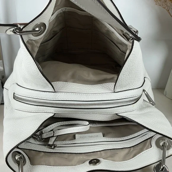 Michael Kors Raven White Silver Floral Flower Stud Shoulder Hand Bag Leather - Picture 9 of 15